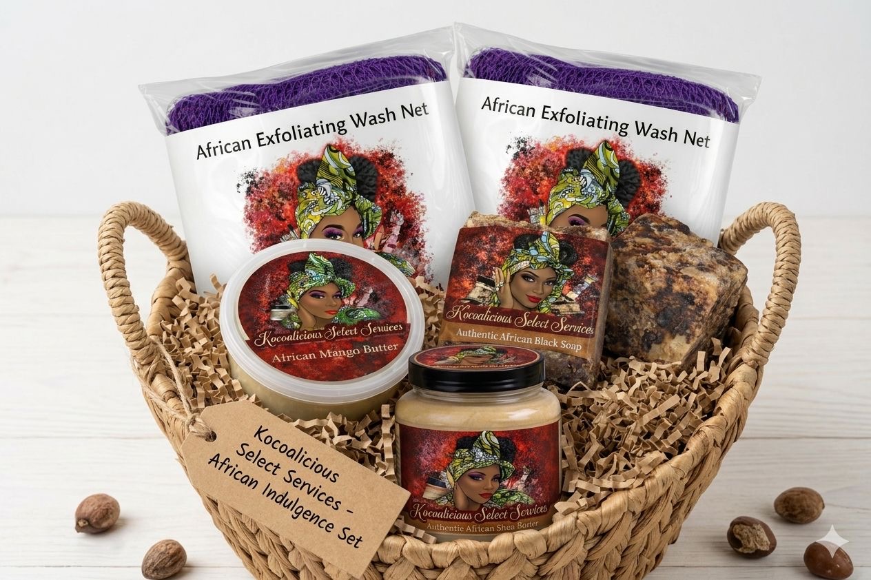 Set of Authentic African Shea Butter/ Wash Net/Black Soap/Mango Butter