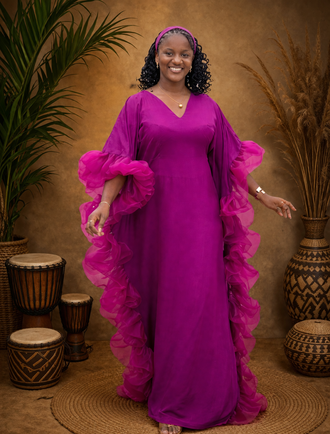 Royal Fuchsia Organza-Trimmed Kaftan